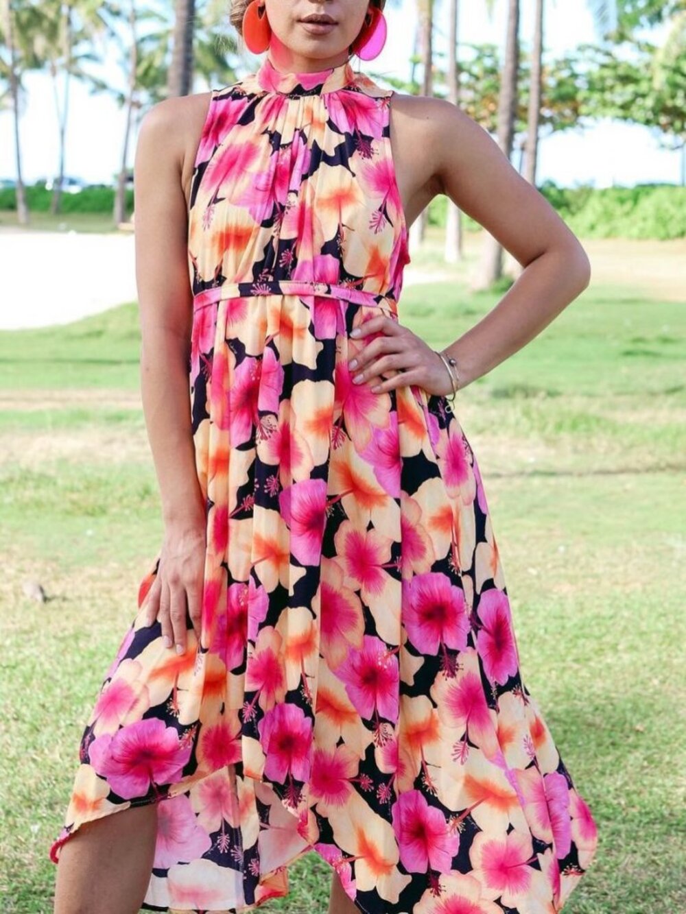 Lexbreezy Halter Hibiscus Floral Dress sz S M